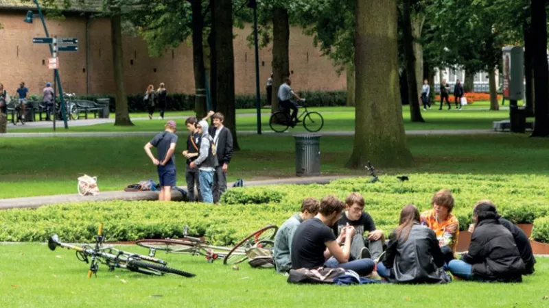 groepje jongeren en voorbijgangers in een park