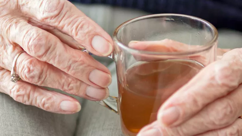 Handen van een bejaarde dame die een kop thee vast houdt