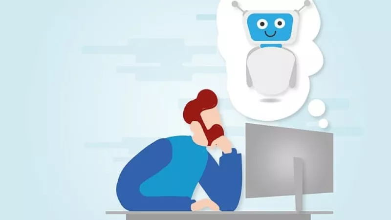Illustratie van man die achter computer zit met roboticoon