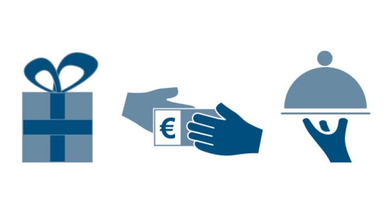 Illustraties van ingepakt cadeautje, contant geld en diner