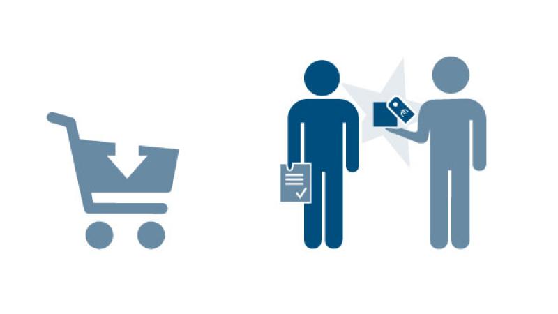 Illustraties van een boodschappenkarretje, persoon met contract en iemand die cadeau aanbiedt