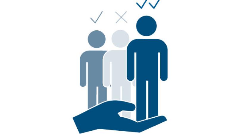 Illustratie van 3 personen met een vinkje of kruisje boven hun hoofd