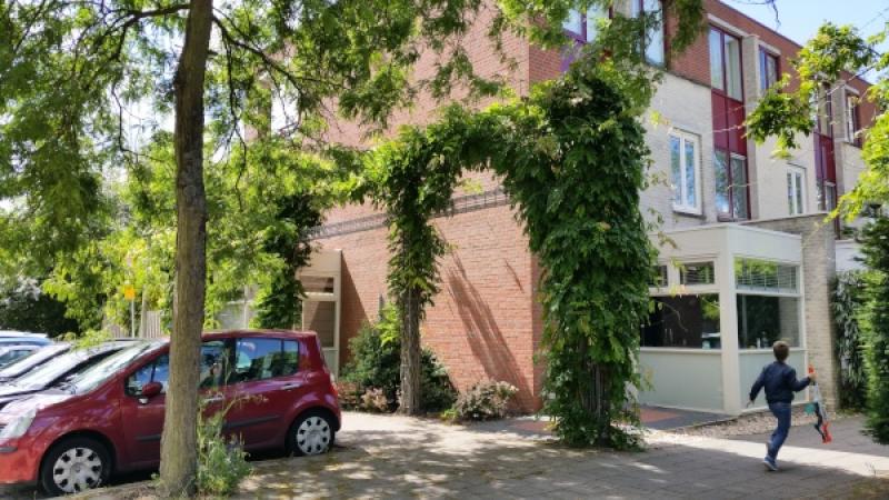 zicht op woonwijk met veel groen en spelend kind op straat