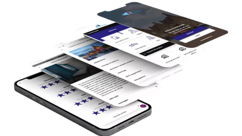 Een mobiele telefoon met verschillende schermen waarop de functies van de MYInfoNL app worden weergegeven