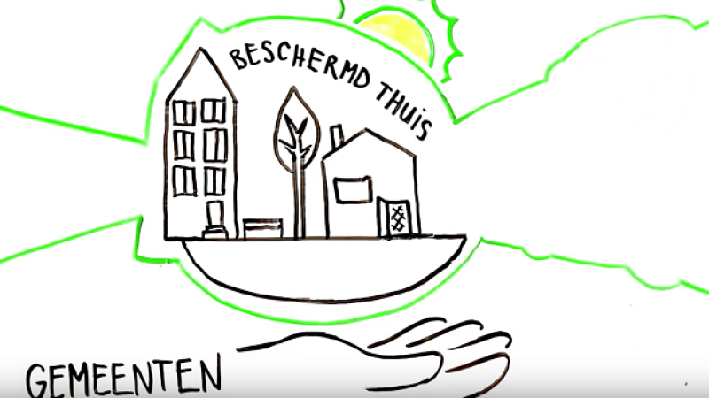 thumbnail van de video: tekening van huizen in straat, zon op achtergrond 