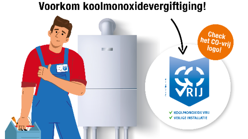 Beeld uit de campagne, met de tekst Voorkom koolmonoxidevergiftiging, check het CO-vrij logo
