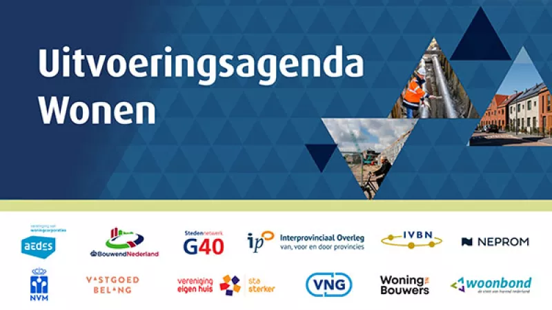 Uitsnede van de omslag van de Uitvoeringsagenda Wonen, met logo's van de organisaties die hebben ondertekend