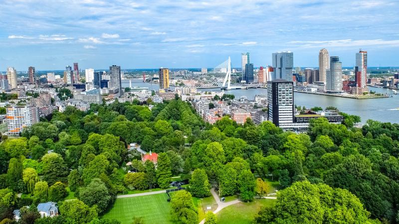 Fotot vanuit de lucht van een stad. Op de voorgrond bomen en water, daarachter bebouwing. 