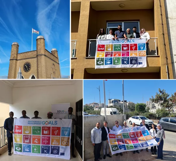 Compilatie van foto's uit verschillende landen met de Global Goals vlag