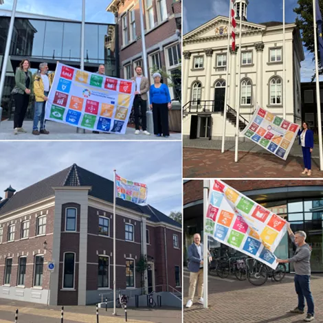 Compilatie van foto's uit verschillende gemeenten met de Global Goals vlag