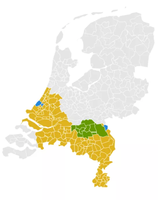 Kaartje waarop te zien is dat het werkgebied wordt vergroot van Noord Oost Brabant naar heel Brabant, Limburg en Zuid-Holland