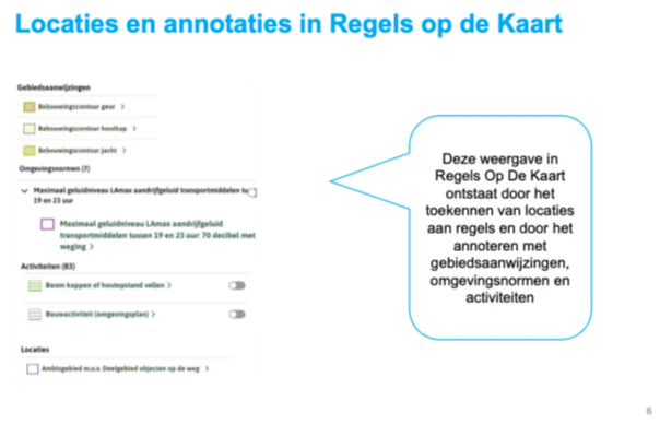 De weergave in Regels op de kaart ontstaat door het toekennen van locaties aan regels en door het annoteren met gebiedsaanwijzingen, omgevingsnormen en activiteiten